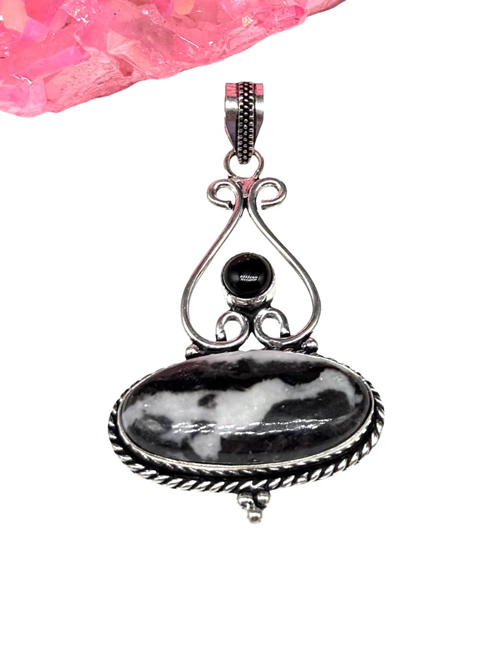 White Buffalo Turquoise Black Onyx Necklace Pendant 925 Sterling Silver Overlay